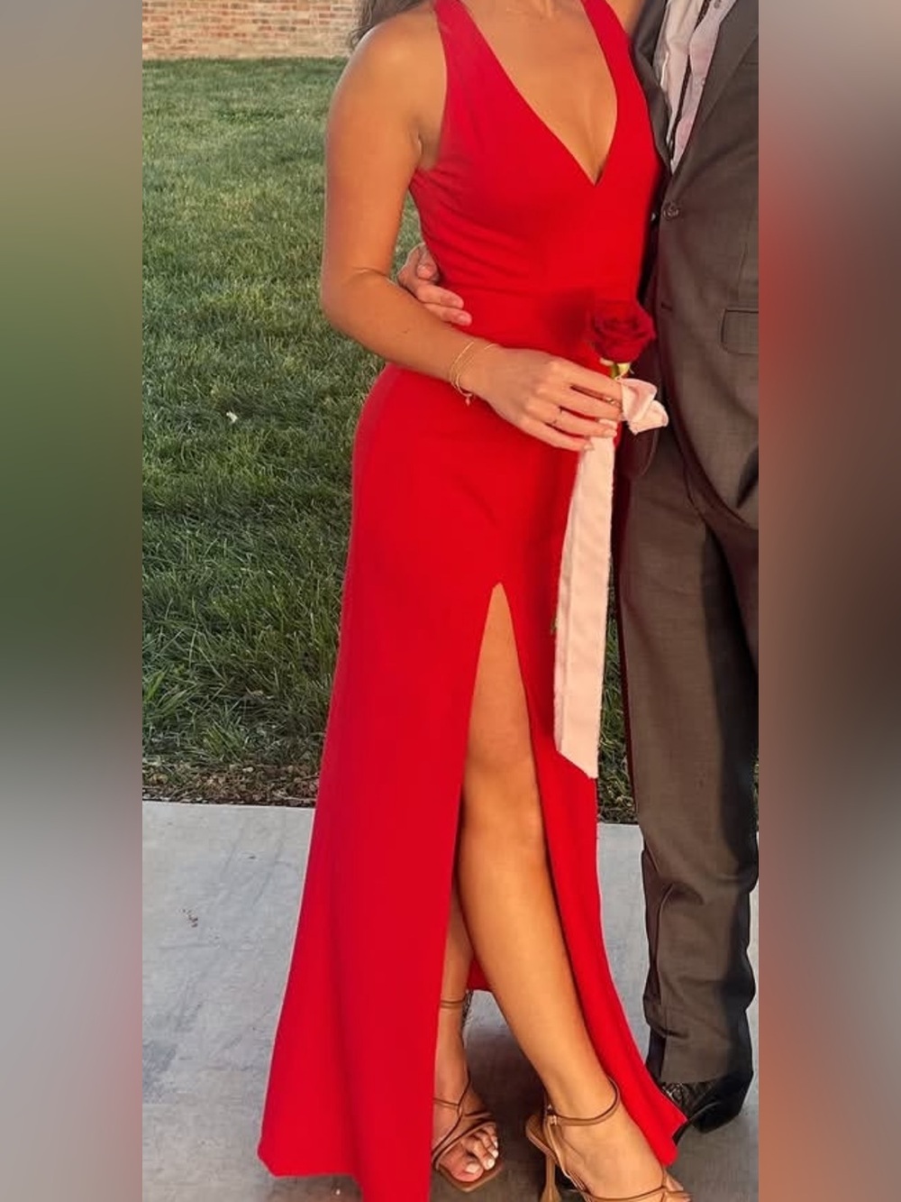 Show Me Your MuMu Red V-Neck Midi Dress with Thigh Slit